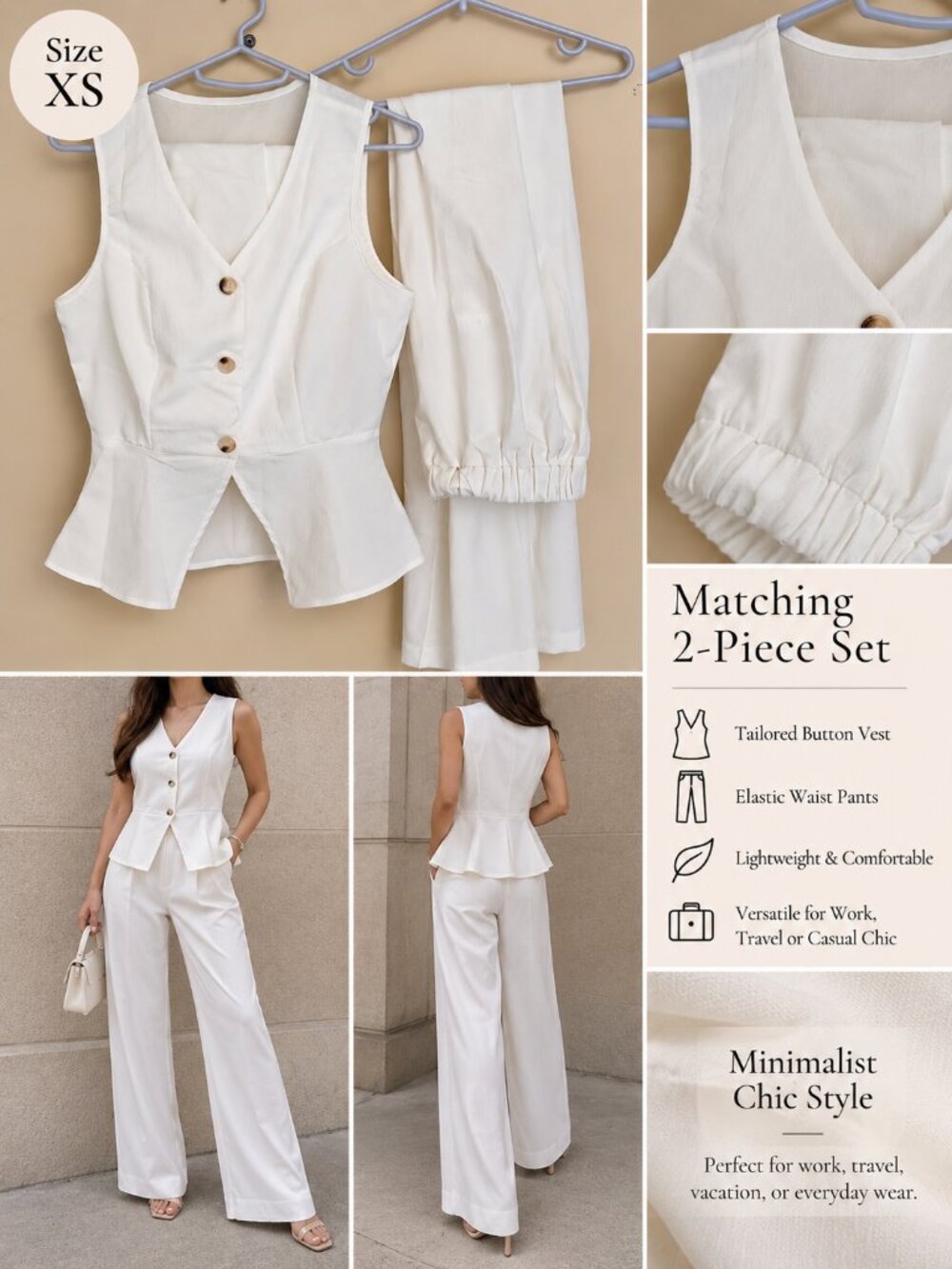 White 2 Piece Vest & Pants Set XS | Minimalist Chic Outfit